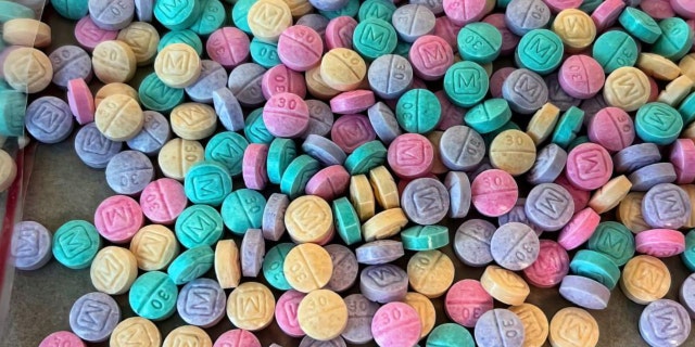 An assortment of rainbow fentanyl pills are shown here. 