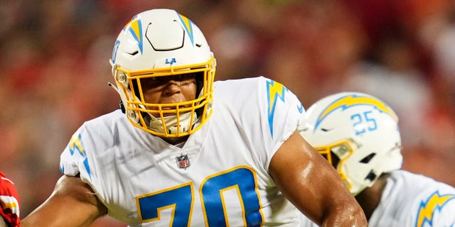 Rashawn Slater of the Los Angeles Chargers is shown during the game against the Kansas City Chiefs at GEHA Field at Arrowhead Stadium on Sept. 15, 2022, in Kansas City.