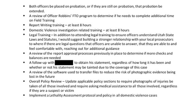 A screenshot of the 100-page Moab investigation includes Price Police Capt. Brandon Ratcliffe's 10 recommendations.