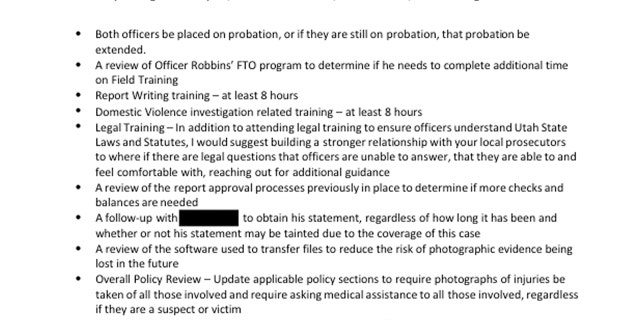 A screenshot of the 100-page Moab investigation includes Price Police Capt. Brandon Ratcliffe's 10 recommendations.