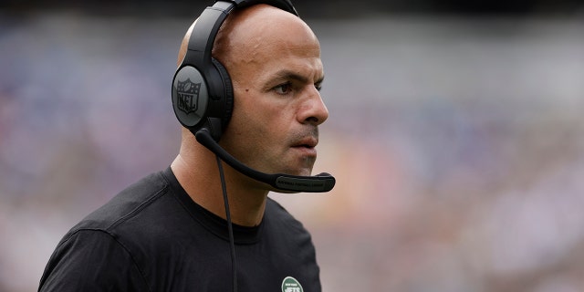 New York Jets head coach Robert Saleh works the sidelines in the first half of a preseason NFL football game against the New York Giants, Sunday, Aug. 28, 2022, in East Rutherford, N.J. 