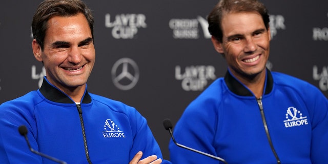 Team Europe's Roger Federer and Rafael Nadal (right) during a press conference ahead of the Laver Cup at the O2 Arena, London on Thursday, Sept. 22, 2022.