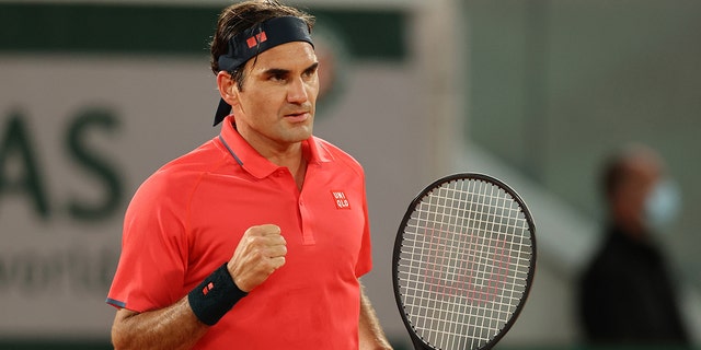 Roger Federer, of Switzerland, celebrates during his Men's Singles third round match against Dominik Koepfer, of Germany, on day seven of the 2021 French Open at Roland Garros on June 05, 2021, in Paris.