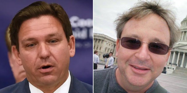 A side by side of Ron DeSantis and Florida High School teacher Adam Tritt, who is giving away books to students barred from the classroom by a bill the governor signed into law.