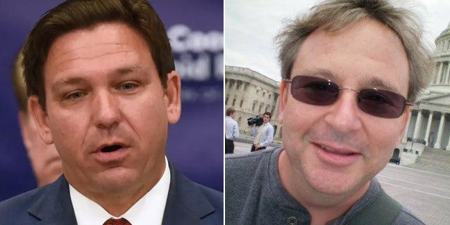 A side by side of Ron DeSantis and Florida High School teacher Adam Tritt, who is giving away books to students barred from the classroom by a bill the governor signed into law.