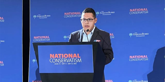 Townhall senior writer Julio Rosas speaks at the National Conservatism conference in Aventura, Fla. on September 12, 2022. 