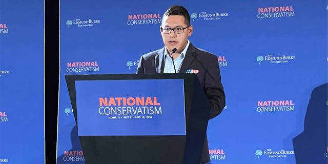 Townhall senior writer Julio Rosas speaks at the National Conservatism conference in Aventura, Fla. on September 12, 2022. 