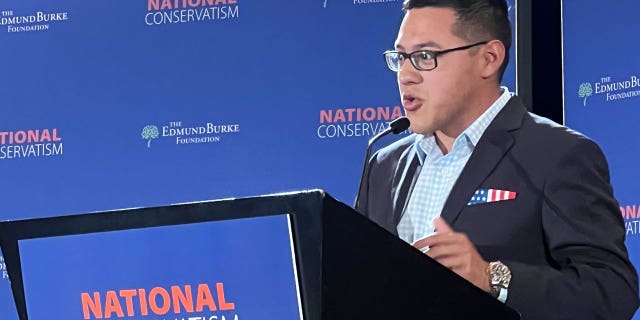 Townhall senior writer Julio Rosas speaks at the National Conservatism conference on Monday, September 12, 2022.