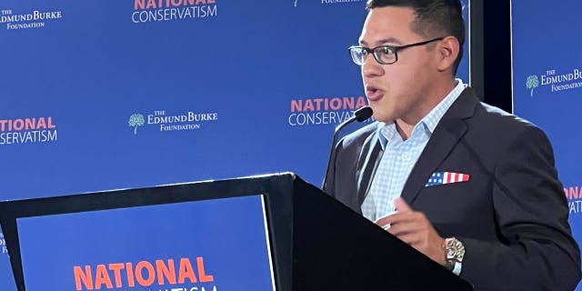 Townhall senior writer Julio Rosas speaks at the National Conservatism conference on Monday, September 12, 2022. 