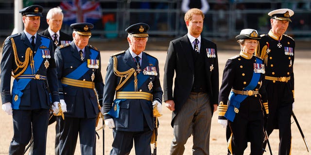 Prince William, King Charles III, Prince Harry and Princess Anne walk behind the queen's coffin during a procession.