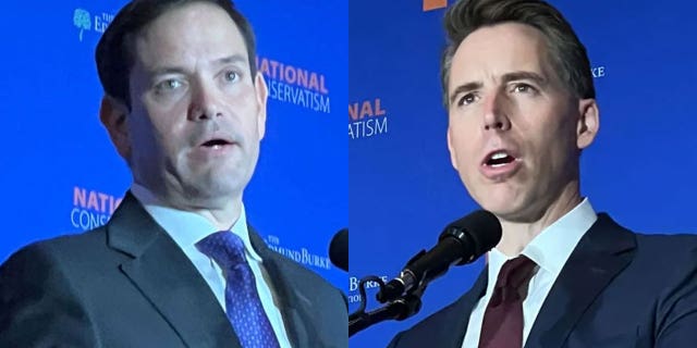 Senators Marco Rubio, R-Fla., and Josh Hawley, R-Mo., speak at the National Conservatism conference in Aventura, Fla., on September 12, 2022.