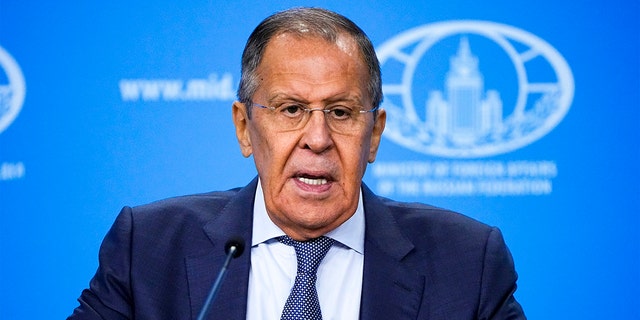 Russian Foreign Minister Sergey Lavrov deliver his speech as he meets with heads of diplomatic missions accredited in Russia in Moscow, Russia, Monday, Sept. 19, 2022.