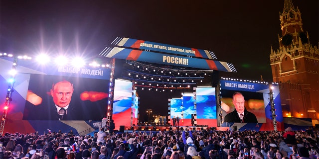 Russian President Vladimir Putin speaks during a celebration in Red Square in Moscow, Sept. 30, 2022.