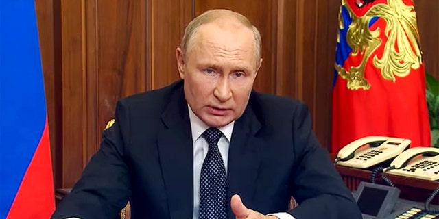 In this image from the video released by the Russian presidential press service, Russian President Vladimir Putin addresses the nation in Moscow on Wednesday 21 September 2022. 