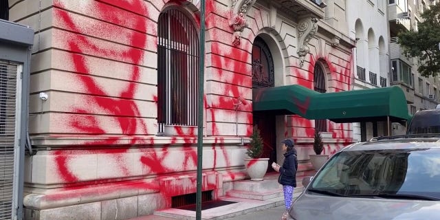 The Russian embassy vandalized in New York City Friday, Sept. 30, 2022.