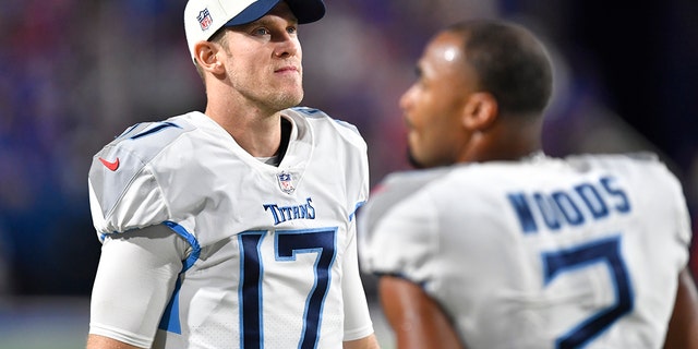 Tennessee Titans quarterback Ryan Tannehill (17) reacts during the second half of a game against the Buffalo Bills Sept. 19, 2022, in Orchard Park, N.Y. 