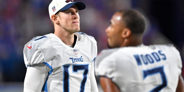 Tennessee Titans quarterback Ryan Tannehill (17) reacts during the second half of a game against the Buffalo Bills Sept. 19, 2022, in Orchard Park, NY