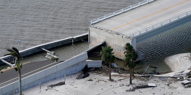 A damaged causeway to Sanibel Island is seen in the aftermath of Hurricane Ian, Thursday, Sept. 29, 2022, near Sanibel Island, Fla. 