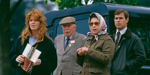 Sarah Ferguson, also known as Fergie, Queen Elizabeth II and Prince Andrew, pictured in 1987.