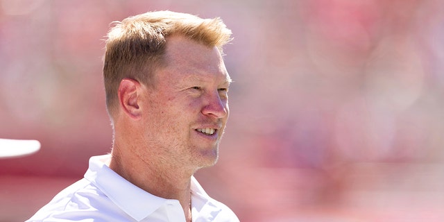 Nebraska head coach Scott Frost talks on the sideline as his team warms up before playing North Dakota, Sept. 3, 2022, in Lincoln.