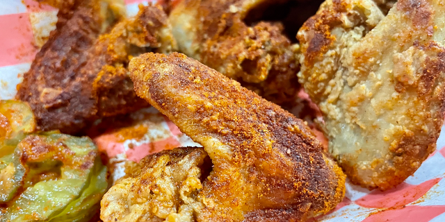 Nashville hot chicken joints serve spicy chicken in every way imaginable, from traditional sauce-soaked fried chicken breasts to these deadly hot dry-rubbed wings from Bolton's Spicy Chicken and Fish in East Nashville.