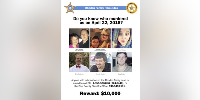 A poster offering a $10,000 reward for information leading to the arrest of the perpetrators in the Rhoden family massacre. Four members of a rival family were later charged with the 2016 slayings.