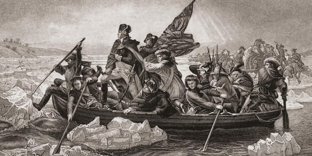 Washington crossing the Delaware, near Trenton, New Jersey, Christmas 1776. George Washington, 1732-1799 — first president of the United States. From English and Scottish History, published 1882. 