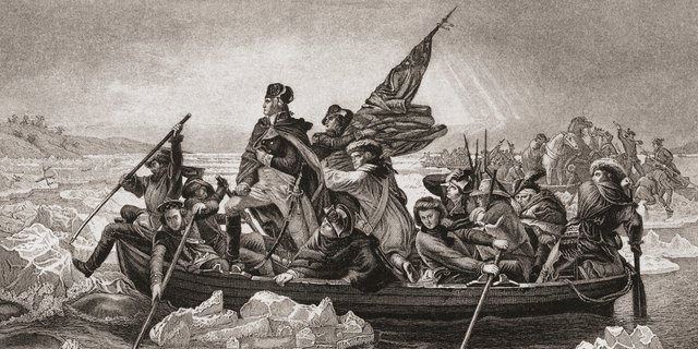 Washington crossing the Delaware, near Trenton, New Jersey, Christmas 1776. George Washington, 1732-1799 — first president of the United States. From English and Scottish History, published 1882. 