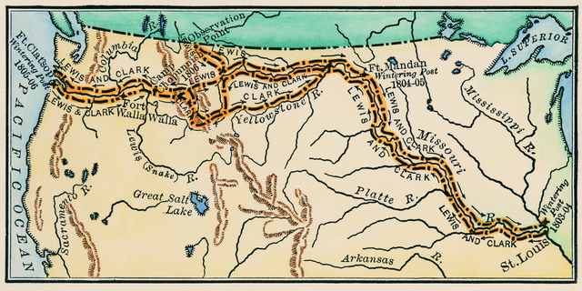 This map of the Northwestern U.S. depicts the route taken by Meriwether Lewis and William Clark on their first expedition from the Missouri River (near St. Louis, Missouri) to the mouth of the Columbia River (at the Pacific Ocean in Oregon) — and their return trip — 1804-1806.