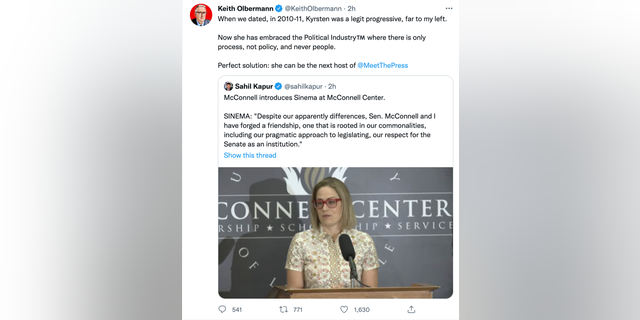 Keith Olbermann on Monday declared he used to "date" Sen. Kyrsten Sinema, D-Ariz., and feels his former fling has lost her way because she used to be "far" to his left.