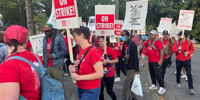 Teachers in Seattle, Washington, on a picket line, Sept. 7, 2022, after voting for a strike.