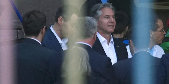 U.S. Secretary of State Antony Blinken, third right, arrives to visit a children's hospital in Kyiv, Ukraine, Thursday Sept. 8, 2022, during his trip to Ukraine.