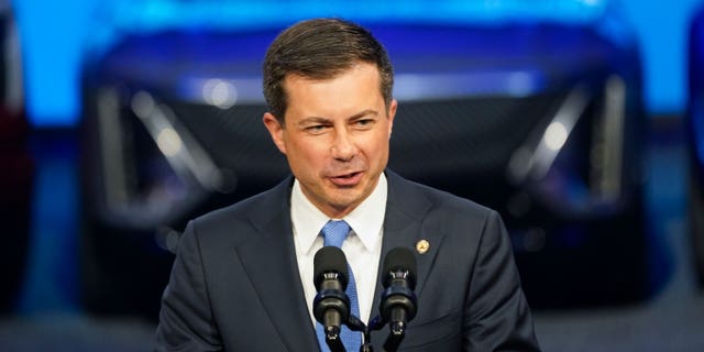 Secretary of Transportation Pete Buttigieg speaks at the North American International Auto Show in Detroit, Wednesday, Sept.  14, 2022.