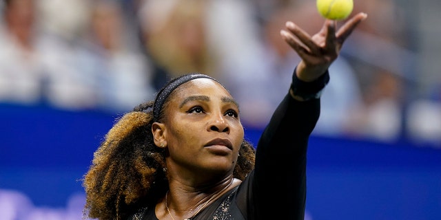 Serena Williams serves to Anett Kontaveit during the U.S. Open, Aug. 31, 2022, in New York.