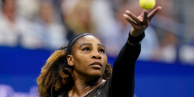 Serena Williams serves to Anett Kontaveit during the U.S. Open, Aug. 31, 2022, in New York.