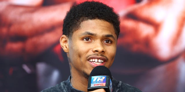 Shakur Stevenson speaks during a press conference ahead of his WBC and WBO junior lightweight championship fight with Robson Conceição, at Prudential Center Sept. 21, 2022, in Newark, N.J.