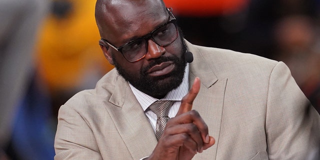 NBA analyst and former player Shaquille O'Neal speaks before game two of the NBA Finals between the Golden State Warriors and the Boston Celtics at Chase Center in San Francisco on June 5, 2022.