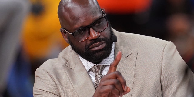 NBA analyst and former player Shaquille O'Neal speaks before game two of the NBA Finals between the Golden State Warriors and the Boston Celtics at Chase Center in San Francisco on June 5, 2022.