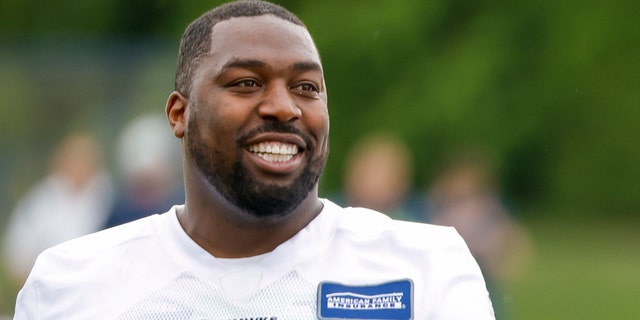 Seattle Seahawks defensive end Shelby Harris, #93, walks back to the locker room following minicamp practice at the Virginia Mason Athletic Center June 7, 2022, in Renton, Washington.