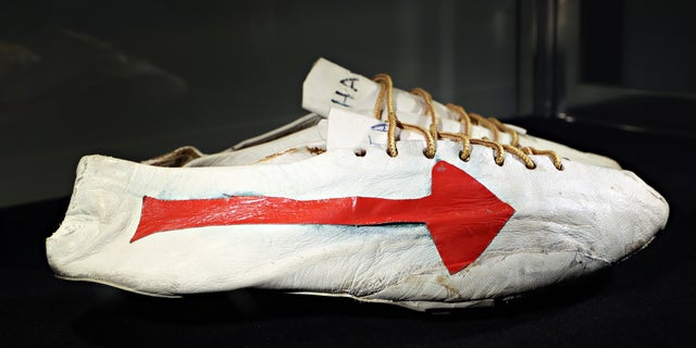 Bill Bowerman (Nike co-founder) handmade prototype logo track spikes with waffle sole were on display at a press preview of The Olympic Collection at Sotheby's on July 21, 2021, in New York City.
