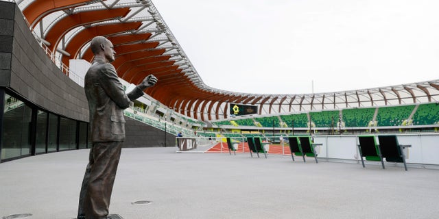 A statue of Bill Bowerman is seen at Hayward Field before the Oregon Relays on April 23, 2021, in Eugene, Oregon.
