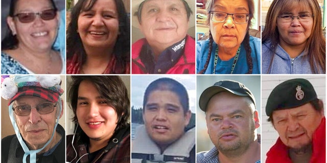 This set of photos provided by the Royal Canadian Mounted Police shows a stabbing victim. From top left: Bonnie Burns, Carol Burns, Christian Head, Lydia Gloria Burns, and Lana Head. From bottom left: Wesley Peterson, Thomas Burns, Gregory Burns, Robert Sanderson, Earl Burns.