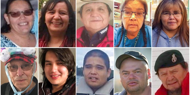 This set of photos provided by the Royal Canadian Mounted Police shows a stabbing victim. From top left: Bonnie Burns, Carol Burns, Christian Head, Lydia Gloria Burns, and Lana Head. From bottom left: Wesley Peterson, Thomas Burns, Gregory Burns, Robert Sanderson, Earl Burns.