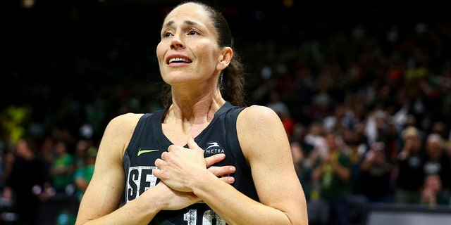 Seattle Storm guard Sue Bird reacts to fans chanting "Thank you Sue" after the Storm were eliminated from the playoffs with a loss in Game 4 of a WNBA basketball playoff semifinal to the Las Vegas Aces, Tuesday, Sept. 6, 2022, in Seattle.