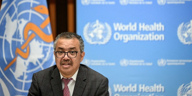 World Health Organization (WHO) Director-General Tedros Adhanom Ghebreyesus attends a ceremony to launch a multiyear partnership with Qatar on making FIFA Football World Cup 2022 and mega sporting events healthy and safe at the WHO headquarters in Geneva on October 18, 2021. 