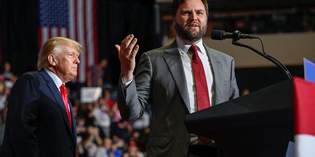 US Senate Republican candidate JD Vance speaks to the crowd at a rally held by former President Trump in Youngstown, Ohio, Sept.  17, 2022.