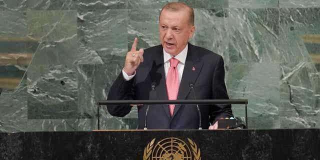 President of Turkey Recep Tayyip Erdogan addresses the 77th session of the United Nations General Assembly on Sept. 20, 2022, at U.N. headquarters.
