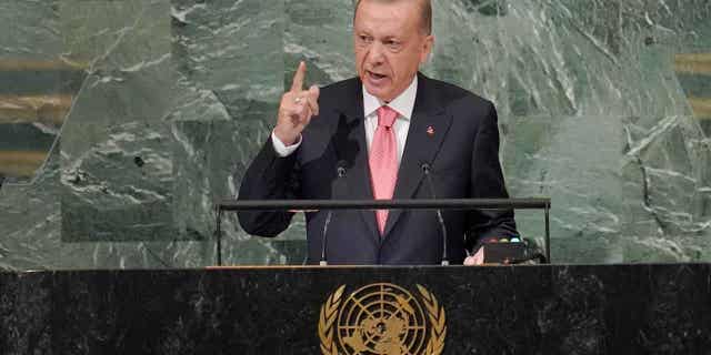 President of Turkey Recep Tayyip Erdogan addresses the 77th session of the United Nations General Assembly on Sept. 20, 2022, at U.N. headquarters.