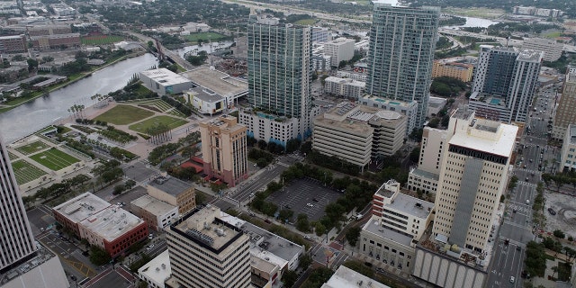 In this aerial image, the city of Tampa, Fla., is seen Monday, Sept. 26, 2022, as Hurricane Ian barreled toward Florida's west coast. 