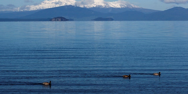 The volcanic peaks of Mounts Tongariro, Ngarruhoe and Ruapehu rise over the shores of Lake Taupo September 28, 2011. 